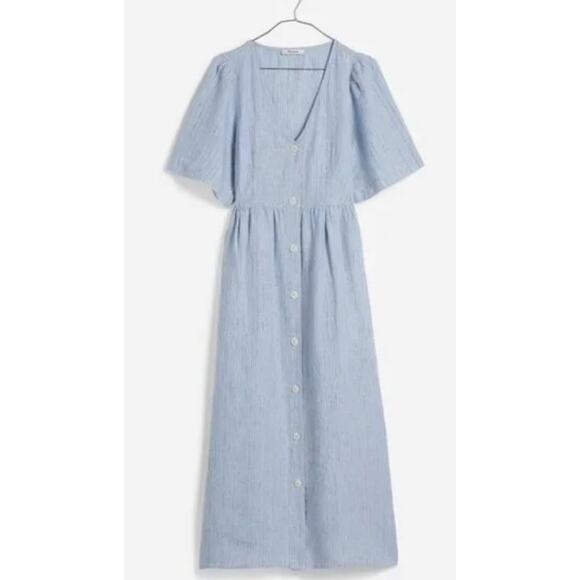 Madewell 100% Linen Shirt Dress Blue Stripe Cassie Button Front Midi Medium NEW - Picture 1 of 9